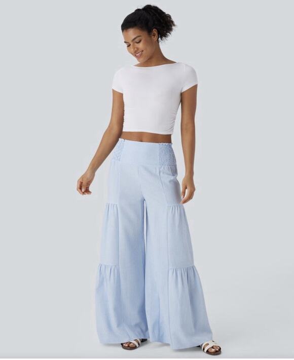 HALARA Pants - Halara High Waisted Tie Back Shirred Wide Leg Flowy Stripe Casual Pants S
